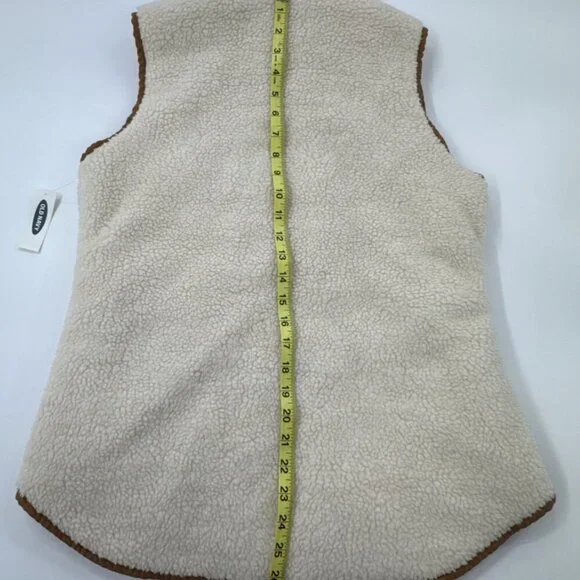 Old Navy Sherpa Women's Vest Medium Cream Tan Trim Pockets Zip Lined Boho NEW - Picture 8 of 8